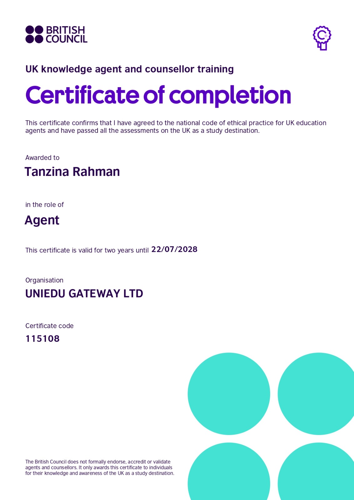 British Council training certificate